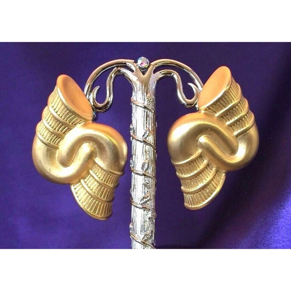 Vintage 1980s Givenchy Paris New York Satin Gold Clip Earrings Statement - 3D